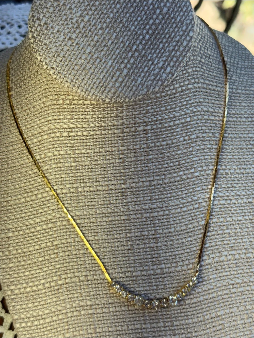 Gold Crystal Necklace curved bar- gold sparkling graduated‎ stones 16.5” CZ’s CZ